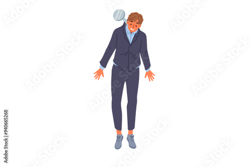 Business man loser hanging on nail, for concept of bankruptcy due to financial crisis. Business male became victim of difficult economic situation and wave of layoffs of corporate personnel