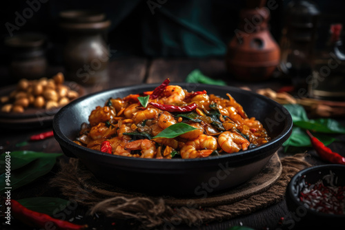 Goong Pad Nam Prik Pao A Spicy Thai Dish Featuring Succulent Shrimp Stir-Fried with Chili Paste, Aromatic Herbs, and Vegetables