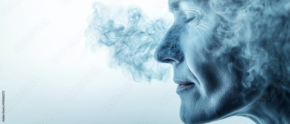 A face in tight focus with smoke ascending from stack tops A face in tight focus with smoke ascending from stack tops