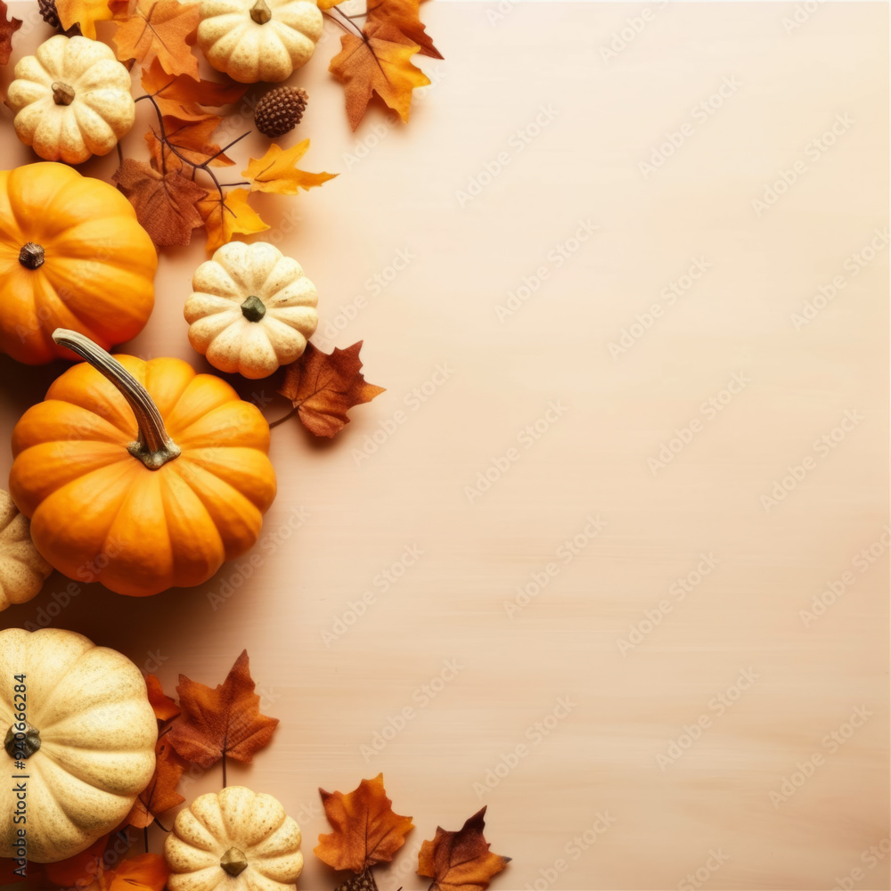 Autumn Pumpkins and Leaves on Wooden Background Autumn Pumpkins and Leaves on Wooden Background