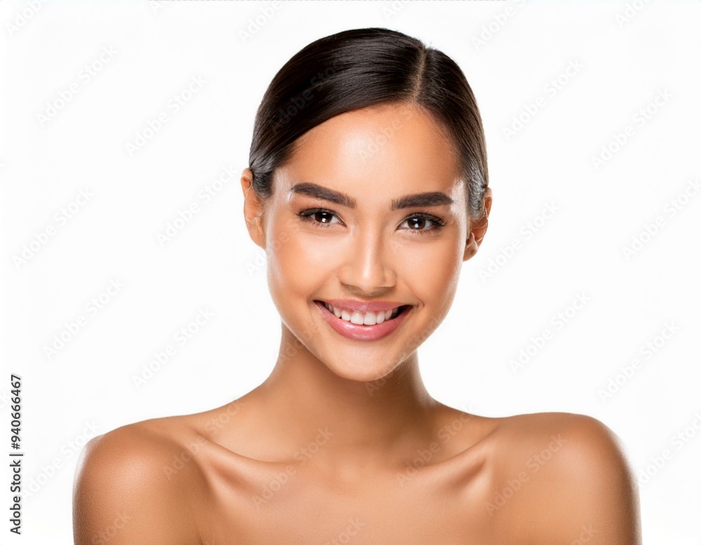 Obraz premium A captivating photo of a woman's face with glowing, healthy skin, isolated on a white background, highlighting her pure and flawless complexion