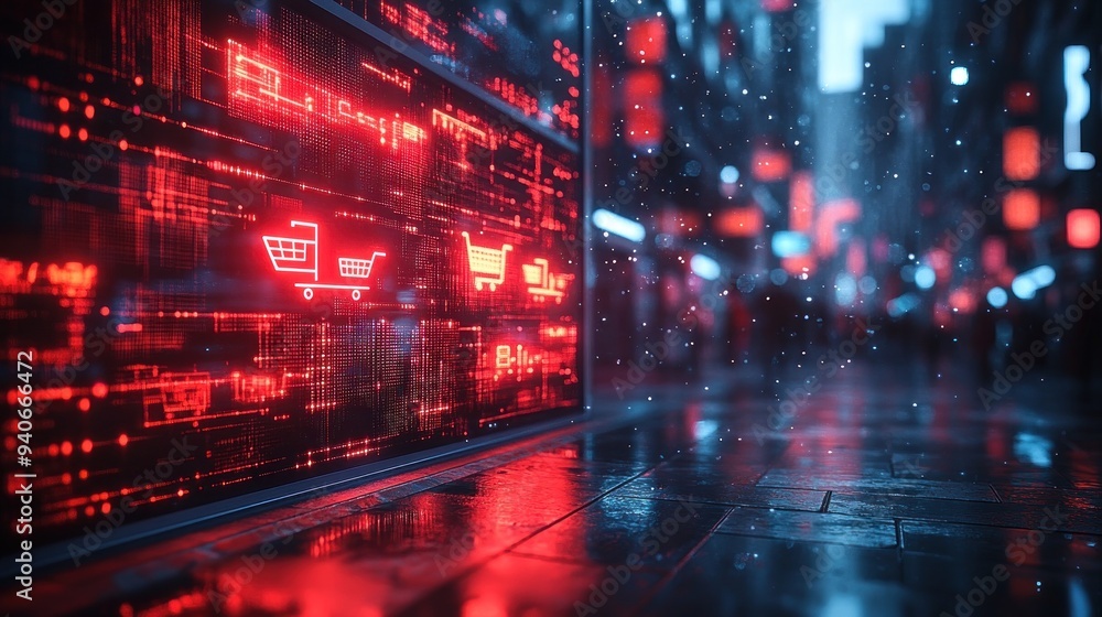Neon Cityscape with Shopping Cart Symbols Neon Cityscape with Shopping Cart Symbols