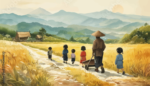 Family Walking Along Path in Rural Setting