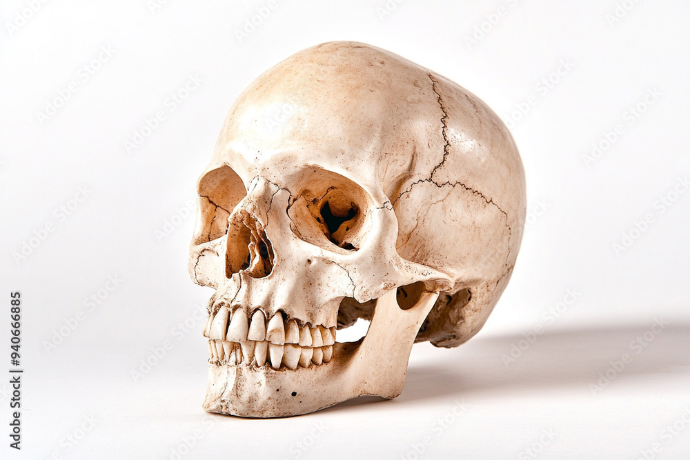 Obraz premium Realistic Human Skull on White Background with Dramatic Lighting