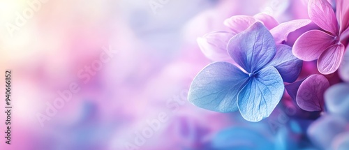  A pink background with a blend of purple and blue flowers, softly lit by a blurred light source