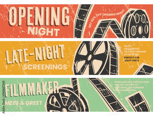 Movie night retro grunge banner multimedia entertainment promo set isometric vector