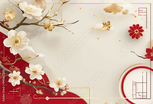 Floral Artwork with Gold Accents and Red Background