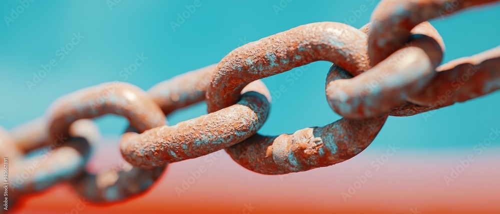 A metal chain in focus against a blue and red backdrop, with the chain's blurred reflection A metal chain in focus against a blue and red backdrop, with the chain's blurred reflection