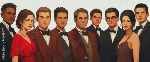 Formal attire ensemble featuring men and women in suits and ties, with one woman in a red dress