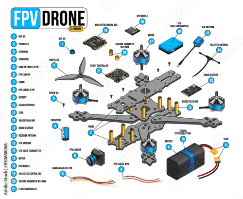FPV Drone components. Isometric FPV drone parts isolated illustration on white background. Racing freestyle RC Drone. FPV drone Infographics