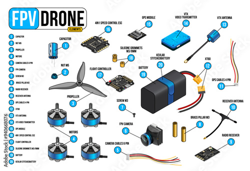 FPV Drone components. Isometric FPV drone parts isolated illustration on white background. Racing freestyle RC Drone. FPV drone Infographics