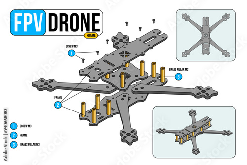 FPV Drone Frame. Isometric FPV drone parts isolated illustration on white background. Racing freestyle RC Drone. FPV drone Infographics