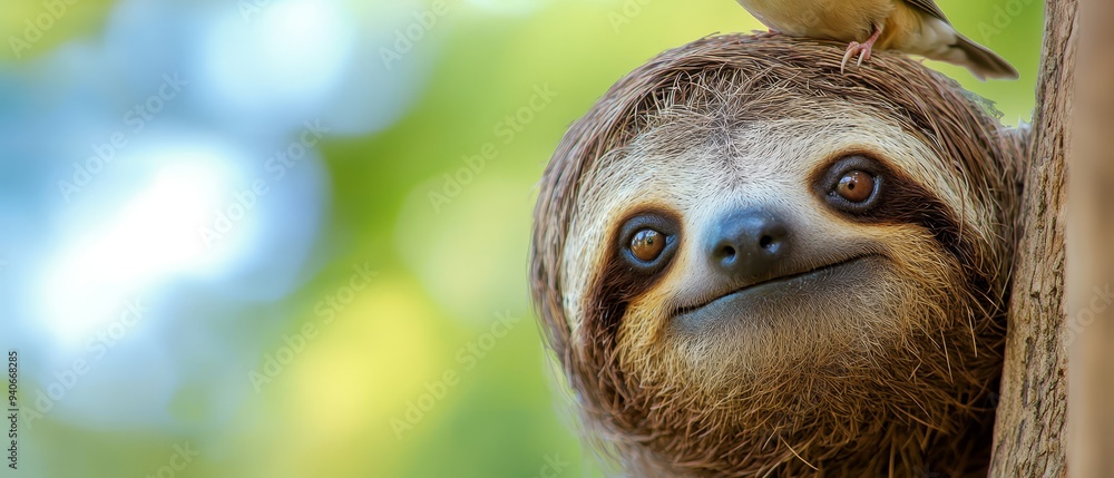 A tight shot of a sloth in a tree, with a bird atop its head A tight shot of a sloth in a tree, with a bird atop its head