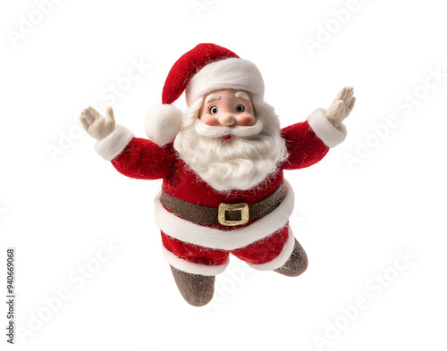 photo of a Christmas-themed Santa Claus doll floating in mid-air on isolated background 