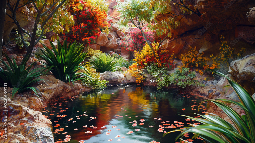 an image of a secluded desert spring surrounded by vibrant flora an image of a secluded desert spring surrounded by vibrant flora