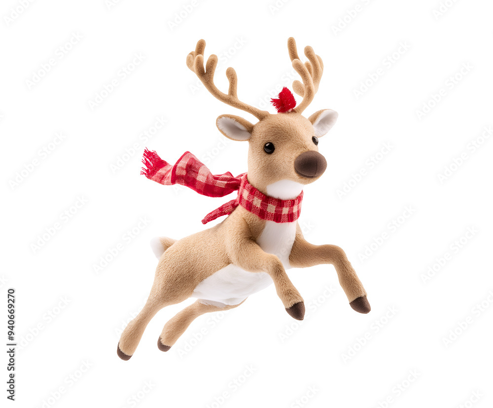 Fototapeta premium photo of a reindeer doll with a red scarf floating in mid-air on isolated background 