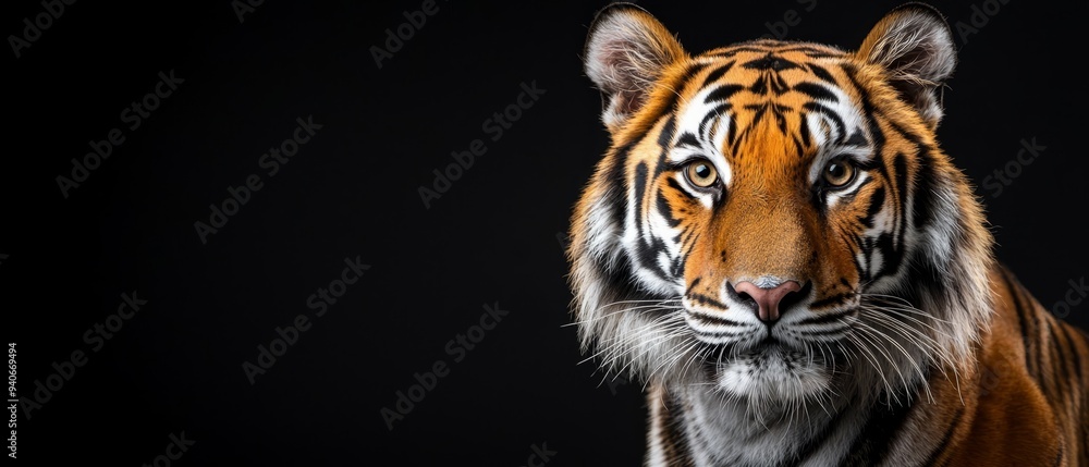 Obraz premium A tight shot of a tiger's visage against a dark backdrop, its features softly obscured by a hazy blur