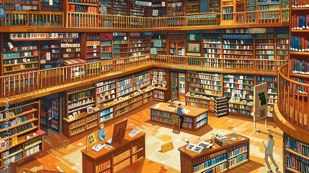 Naklejka premium 4. A large, bustling library scene with an impressive collection of books, perfect for a World Book Day theme. The library is filled with rows of shelves, each packed with colorful book spines. There