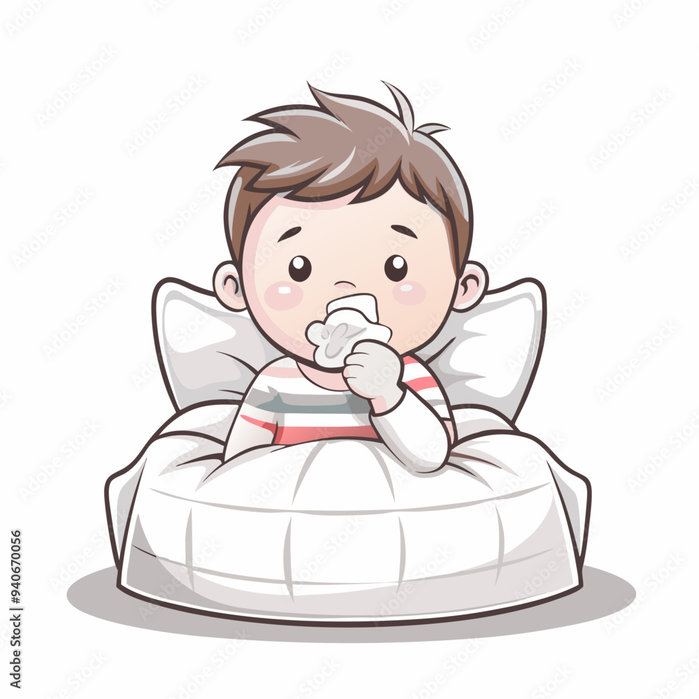 Cartoon illustration of a sick boy lying in bed, blowing his nose with a thermometer in his mouth Cartoon illustration of a sick boy lying in bed, blowing his nose with a thermometer in his mouth