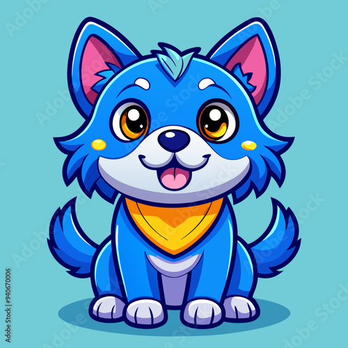 Cartoon illustration of a blue dog with a yellow neckerchief panting happily, perfect for animal lovers and cartoon enthusiasts