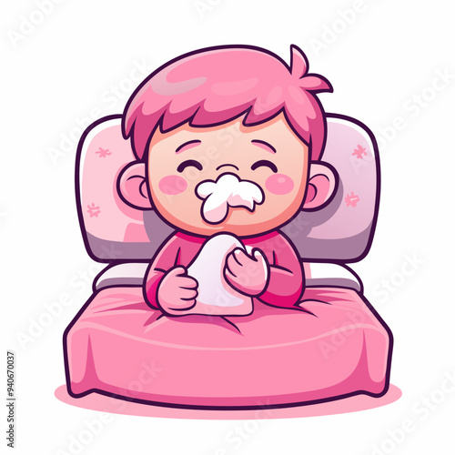 Illustration of a sick child with a runny nose, holding a tissue and resting in bed