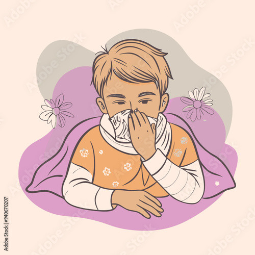 Sick young boy lying in bed, using a tissue to blow his nose