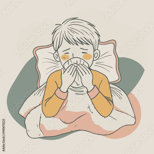 Young boy lying in bed with a high fever, sneezing and coughing