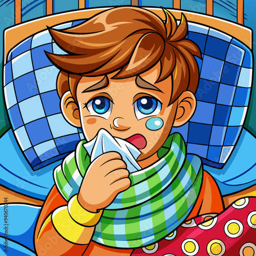 Cartoon illustration of a sick boy with a runny nose blowing his nose in bed