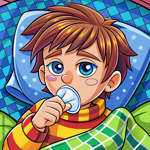 Cartoon illustration of a sick boy with a thermometer in his mouth, lying in bed with a fever