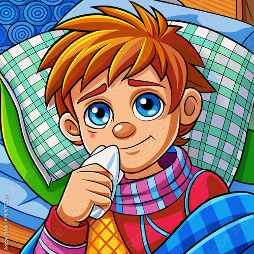 Illustration of a sick boy in bed, wrapped in a blanket and blowing his nose with a tissue