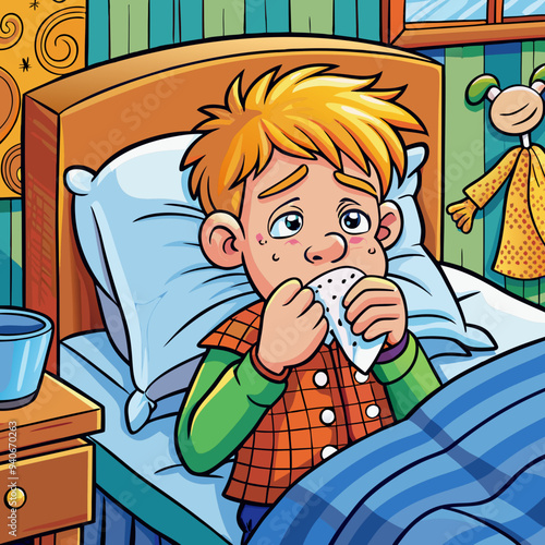 Cartoon illustration of a sick boy lying in bed, blowing his nose with a tissue
