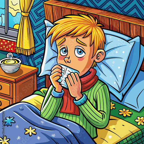 Illustration of a young boy in bed with a tissue, feeling unwell with cold and flu symptoms