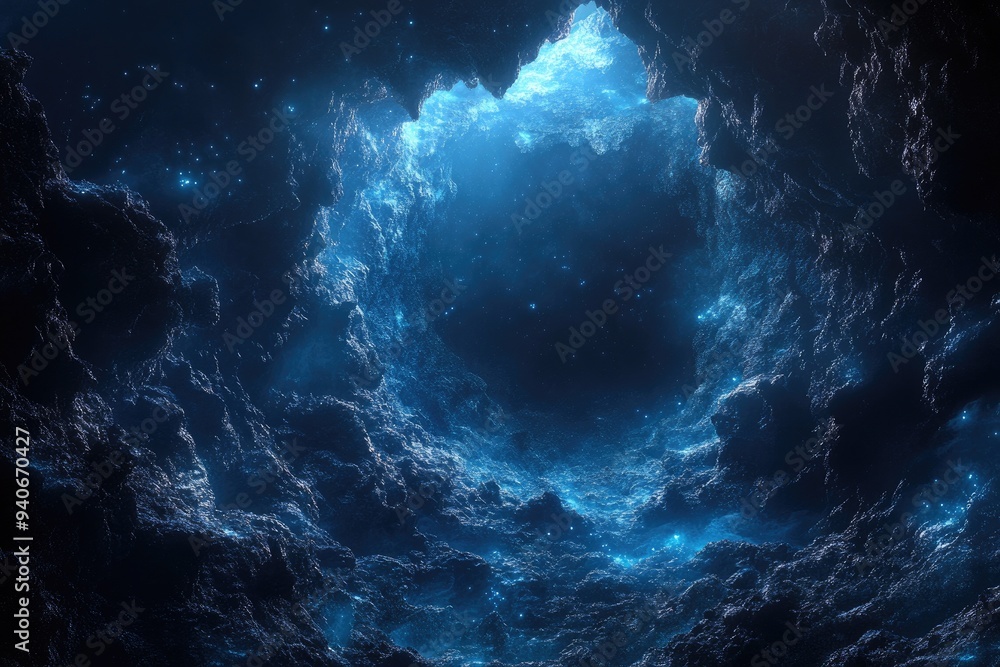 Fototapeta premium Blue Glowing Hole in Rocky Space Landscape