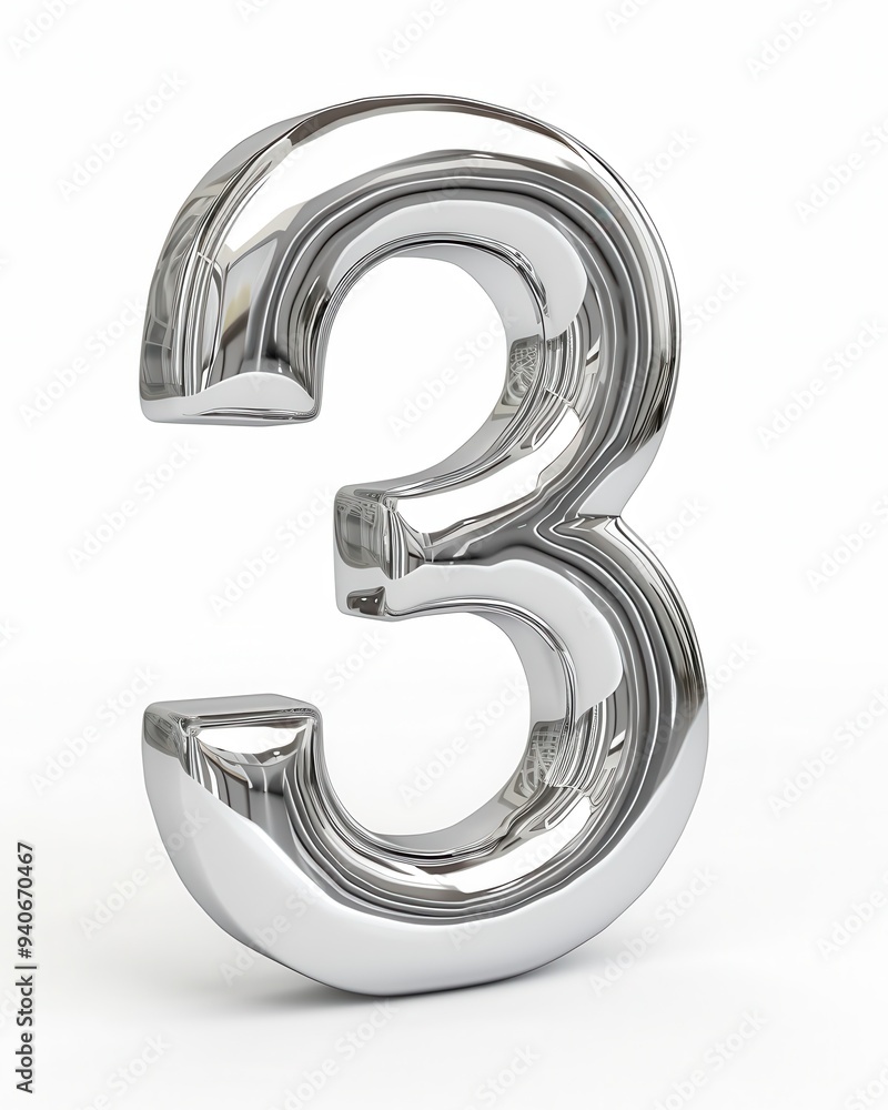 Number 3 3D Silver Font Standing in Front View on White Background Number 3 3D Silver Font Standing in Front View on White Background