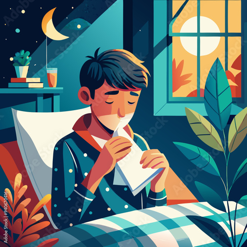 Young man with a cold sits up in bed at night, using a tissue to blow his nose