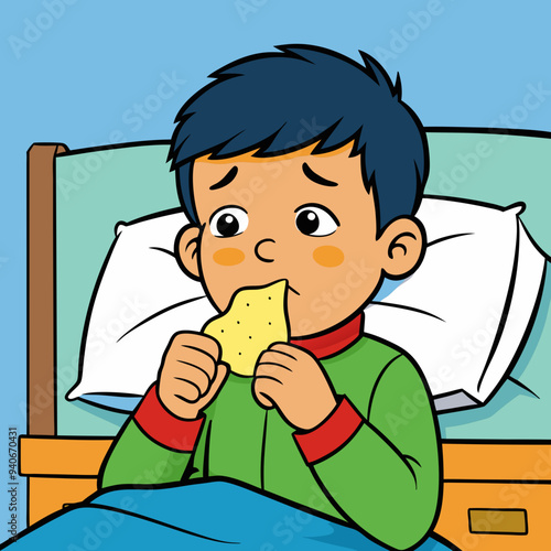 Young boy with chickenpox sits up in bed while snacking on a dry cracker