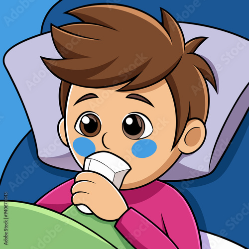 Cartoon illustration of a sick boy using an inhaler for asthma treatment while lying in bed
