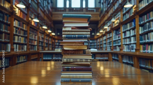 4. A stack of books sits prominently on a polished wooden table, with the expansive interior of a library in the background. The shelves are filled with a wide variety of books, creating an inviting