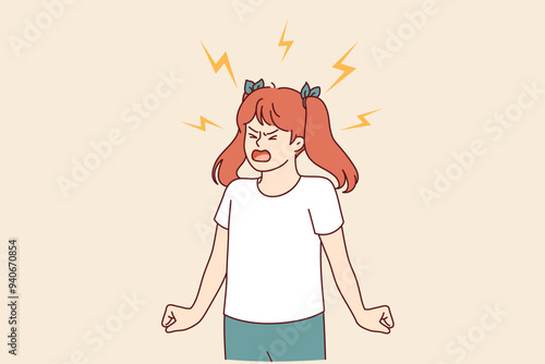 Angry teenage girl screams and throws hysteria due to harmfulness and psychological problems. Hysteria in child who feels lack of attention and parenting skills from bad parents who have forgotten