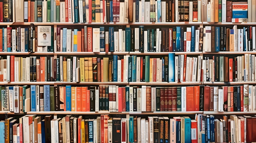 9. A beautifully arranged bookshelf filled with a diverse collection of books in a quiet library setting. The image captures the orderly rows of books, each with its own unique cover, creating an 9. A beautifully arranged bookshelf filled with a diverse collection of books in a quiet library setting. The image captures the orderly rows of books, each with its own unique cover, creating an