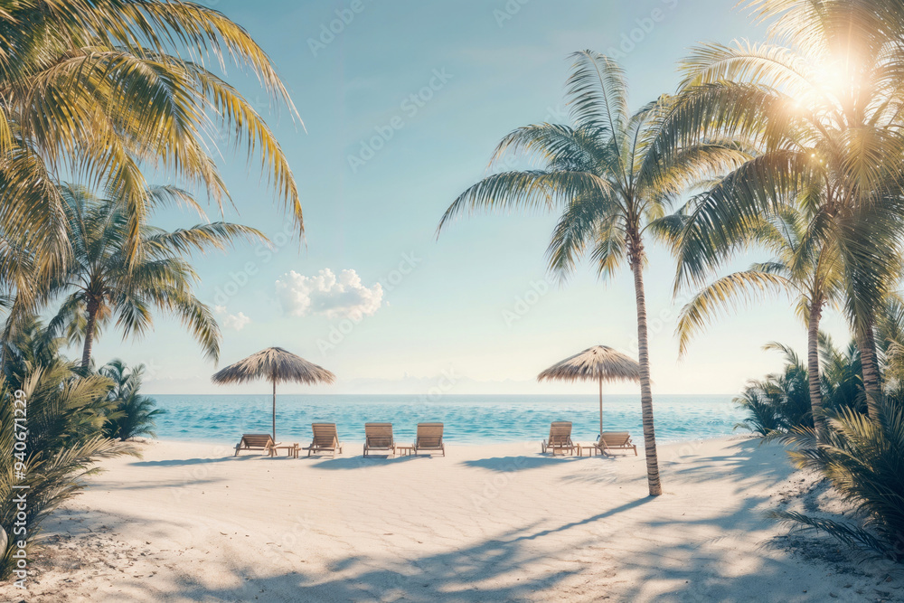 Empty beach with palm trees, lounge chairs and straw umbrellas in the sunshine Empty beach with palm trees, lounge chairs and straw umbrellas in the sunshine