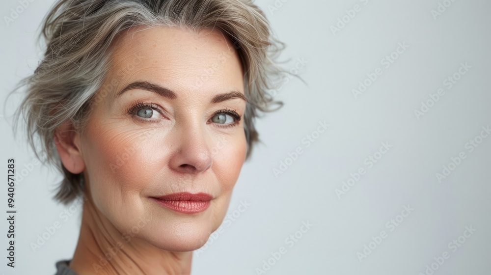 Naklejka premium Middle aged woman with healthy skin in close up portrait.