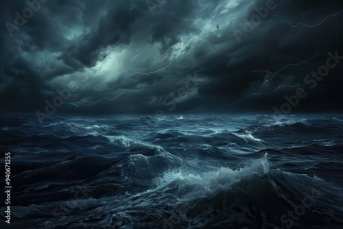 Ocean Storm. Dark Night Seascape with Lightning and Waves at the Edge of a Storm