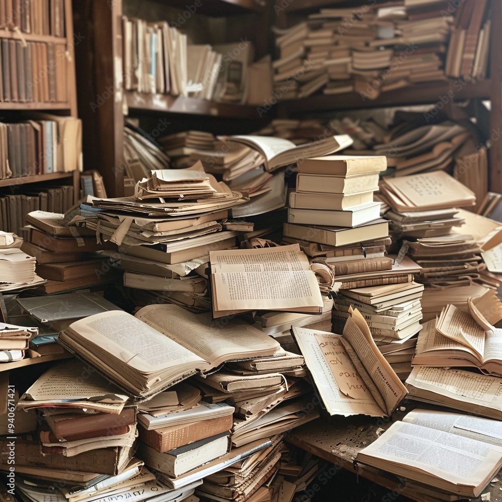 10. An open textbook with worn pages, positioned on a reading desk amidst piles of literature texts