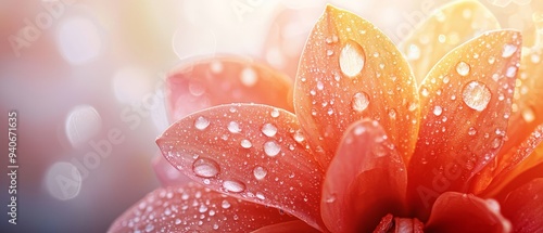  A red flower with dewdrops on its petals and a blurred background