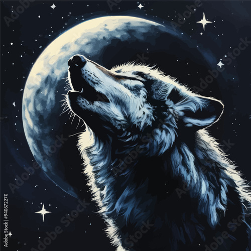 Howling Wolf Gazing at the Moon and Stars