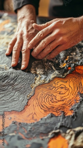 A close-up of a volcanologist's hands examining lava flow patterns on a geological map