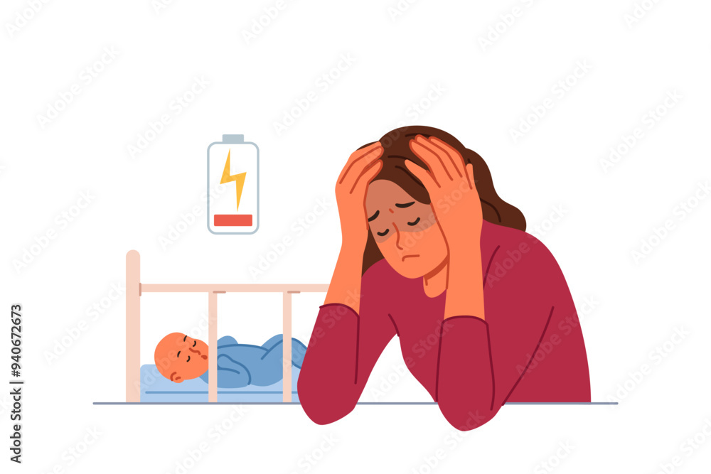 Single mother experiences postpartum depression and suffers from lack of energy to raise son. Problem of postpartum depression in sad young girl sitting near crib with sleeping baby