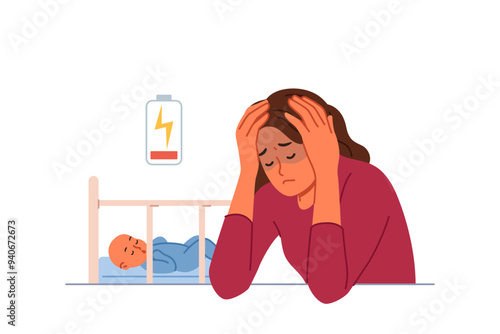 Single mother experiences postpartum depression and suffers from lack of energy to raise son. Problem of postpartum depression in sad young girl sitting near crib with sleeping baby