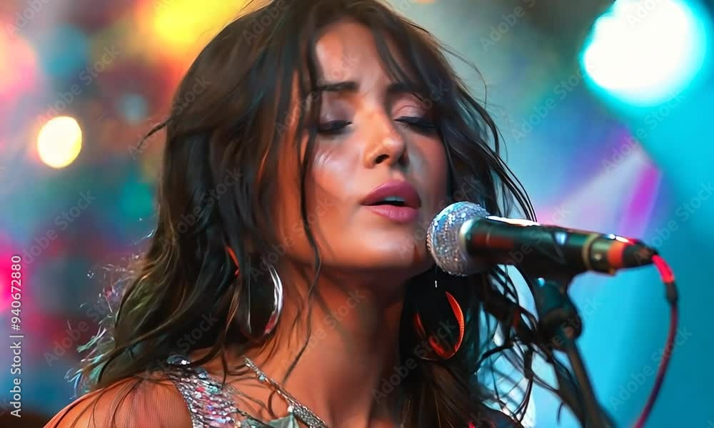 A young woman with long dark hair sings into a microphone on stage A young woman with long dark hair sings into a microphone on stage